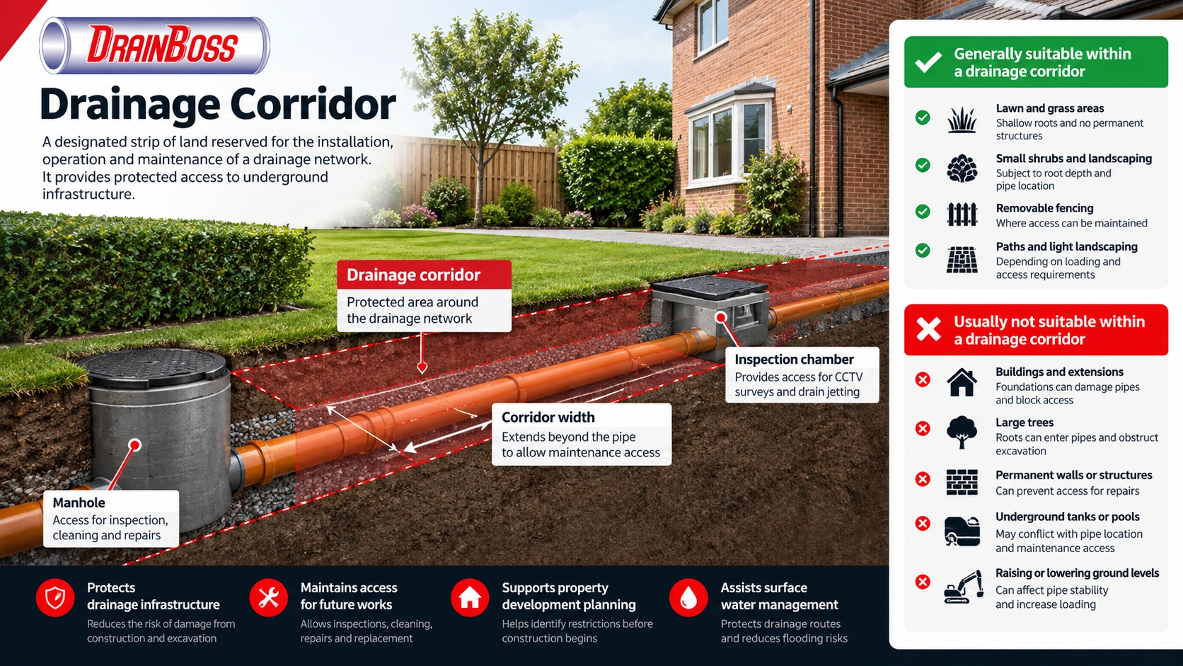 A designated strip of land reserved for the installation, operation and maintenance of a drainage network. It provides protected access to underground infrastructure.
