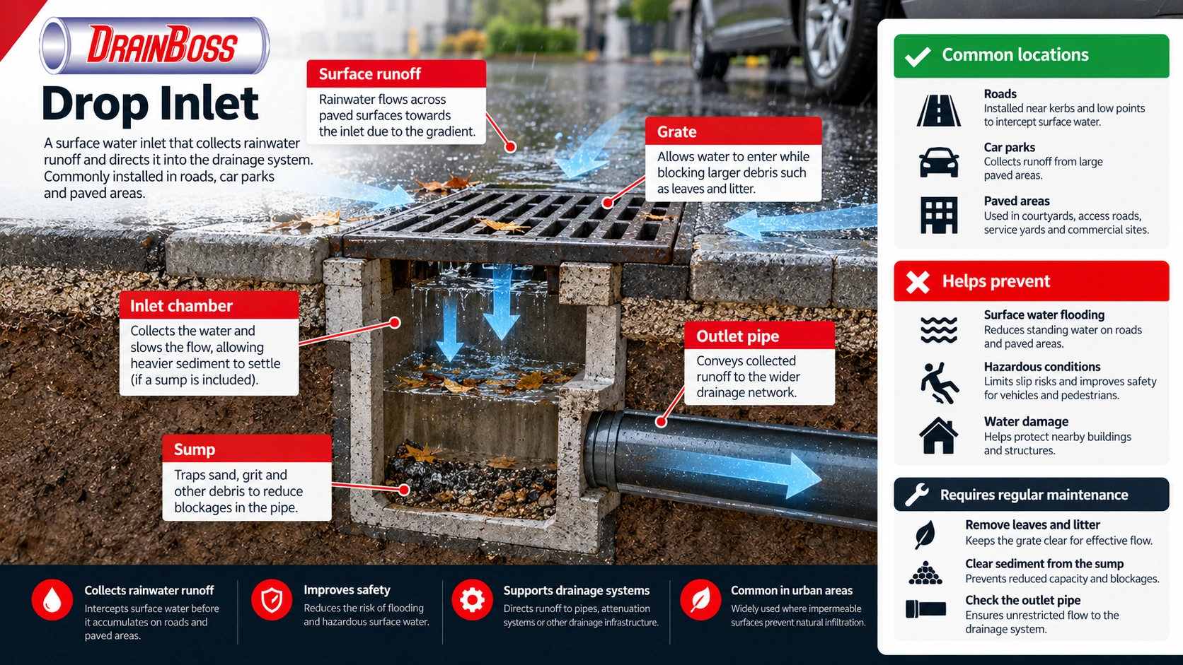A surface water inlet that collects rainwater runoff and directs it into the drainage system. It is commonly installed in roads, car parks and paved areas.