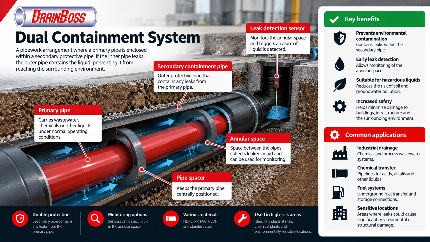 A dual containment arrangement in which a primary pipe is enclosed within a secondary protective pipe to prevent leaks from reaching the surrounding environment.