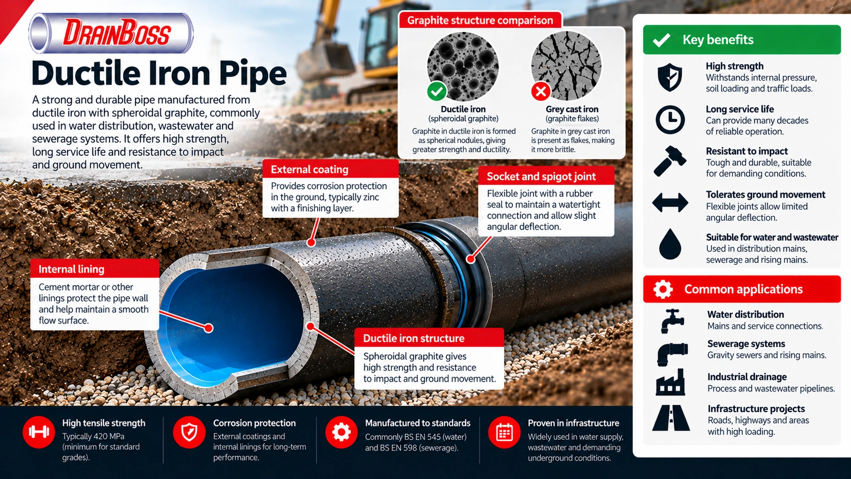 A pipe manufactured from ductile iron with spheroidal graphite, offering high strength, durability and resistance to impact and ground movement