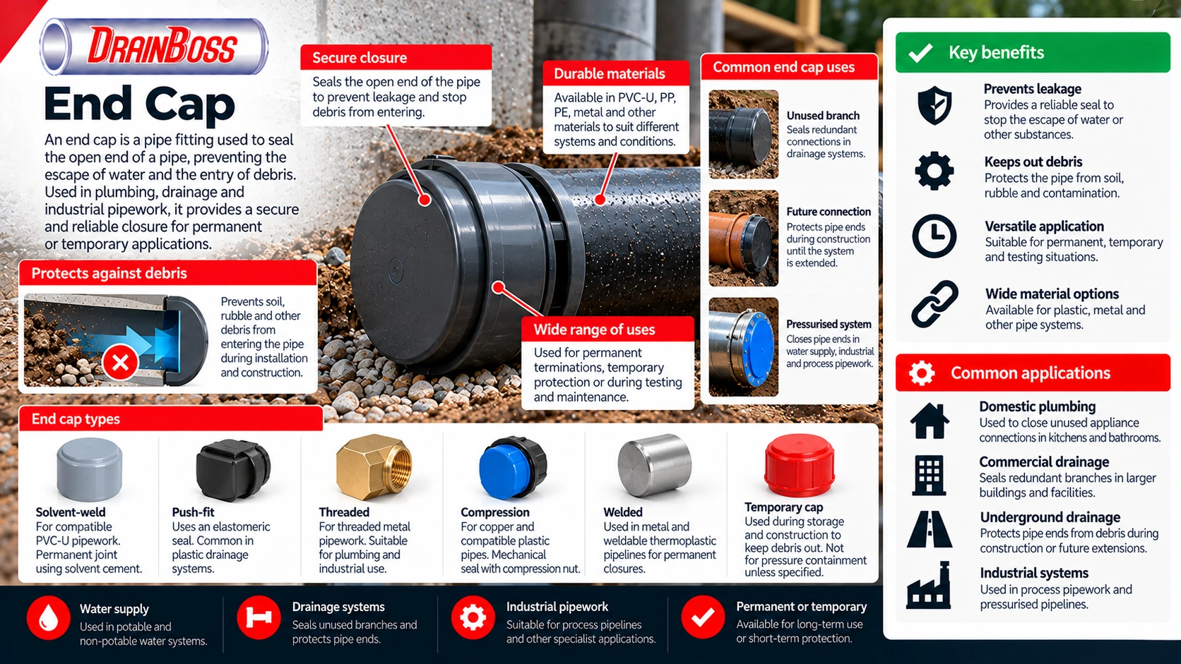 A fitting installed to seal the open end of a pipe, preventing the escape of water or the entry of debris