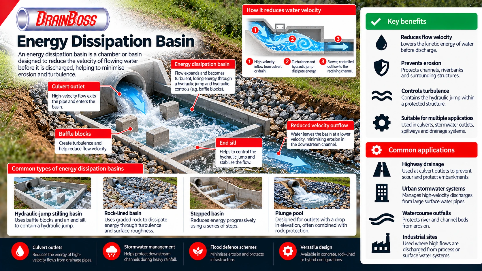 A chamber or basin designed to reduce the velocity of flowing water before it is discharged, helping to minimise erosion and turbulence