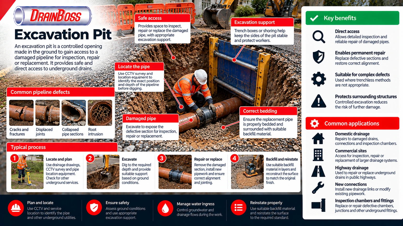 An excavation made to gain access to a damaged pipeline for inspection, repair or replacement