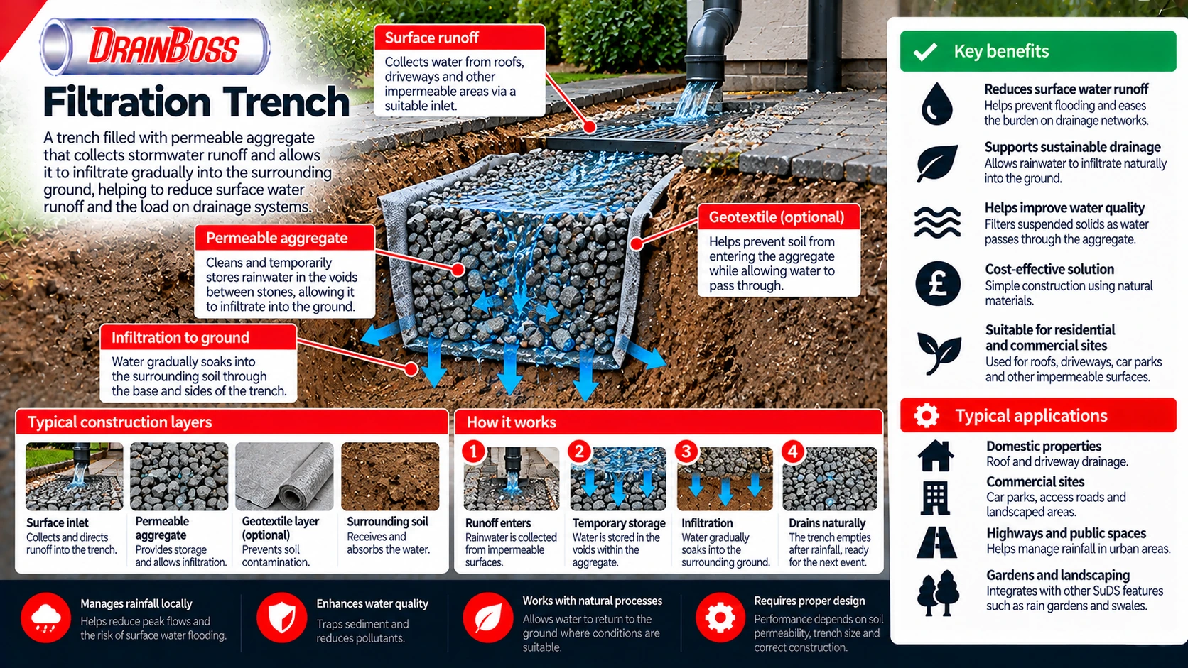 A trench filled with permeable aggregate that allows stormwater to infiltrate gradually into the surrounding ground