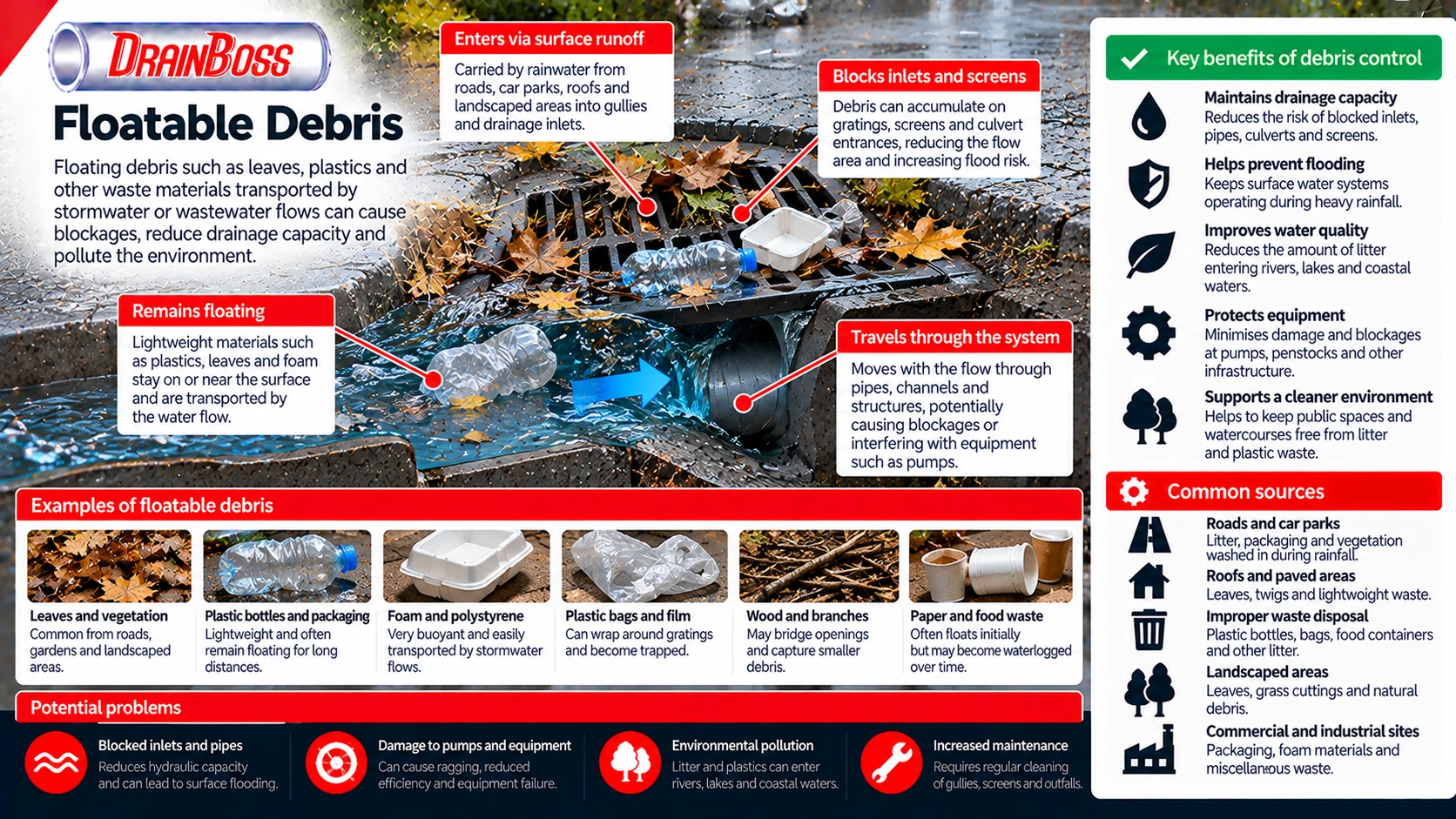 Floating debris such as leaves, plastics and other waste materials transported by stormwater or wastewater flows