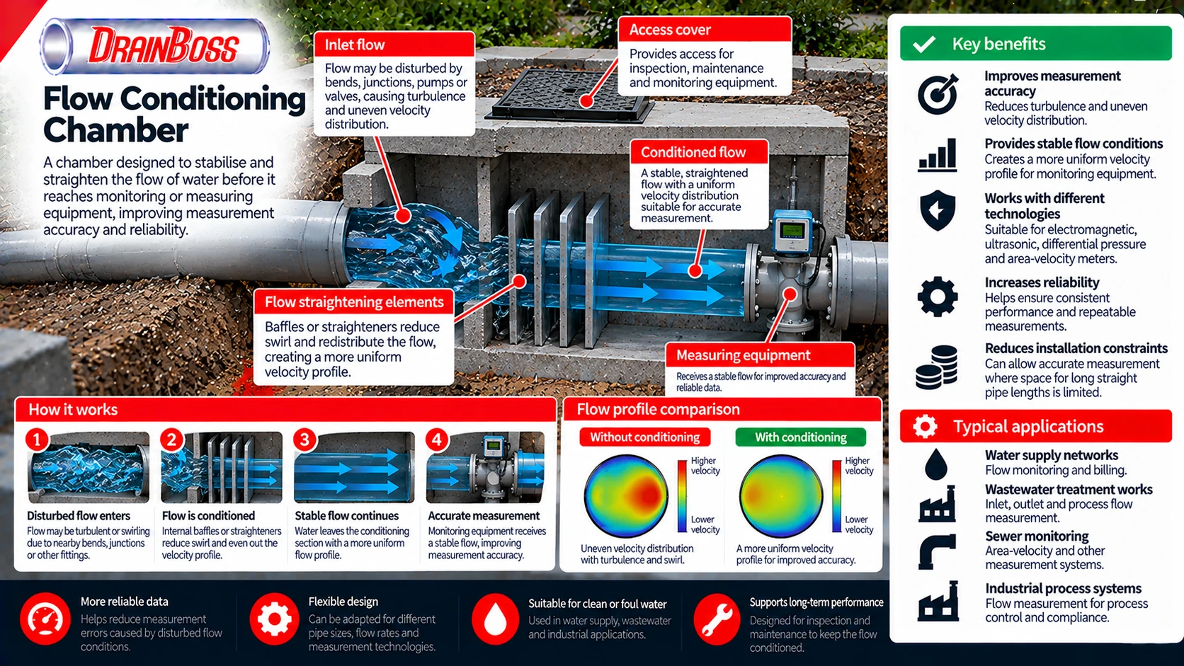 A chamber designed to stabilise and straighten the flow of water before it reaches monitoring or measuring equipment