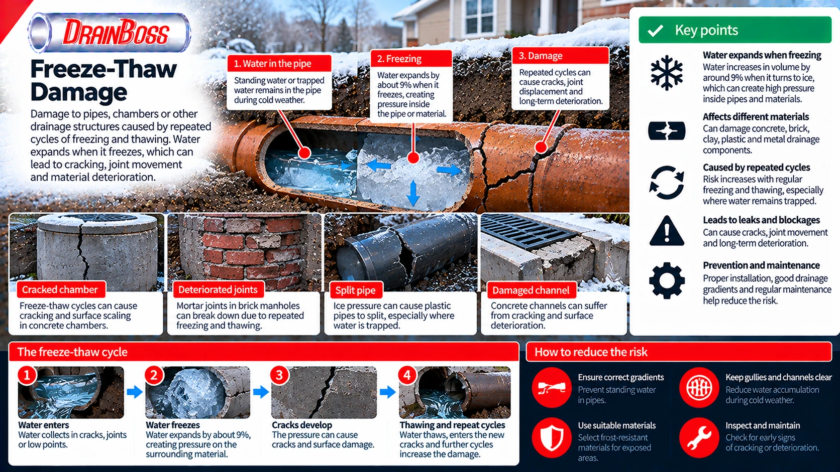 Damage to pipes, chambers or other drainage structures caused by repeated cycles of freezing and thawing. This can lead to cracking and material deterioration
